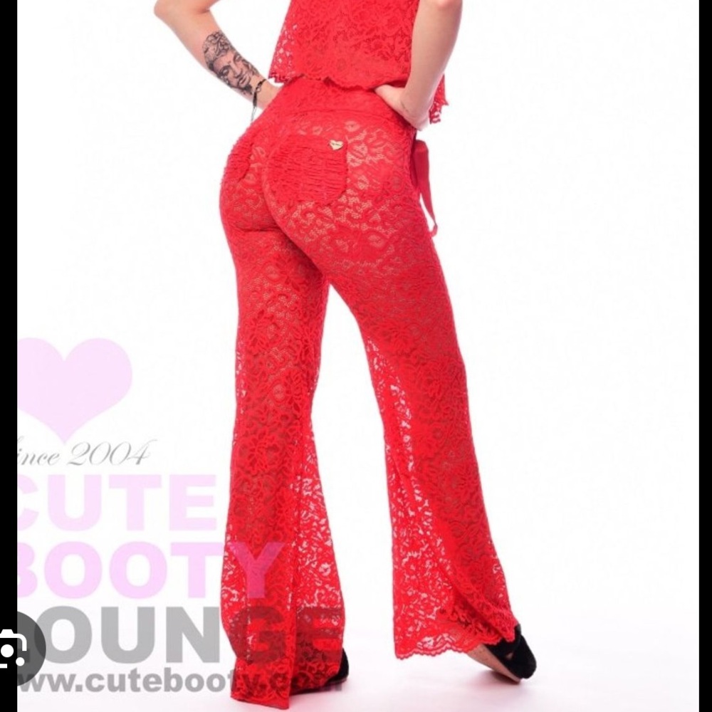 Cute Booty Lounge Red Lace Peep Show Bedroom Scrunchy Booty Flare Pants NWOT S